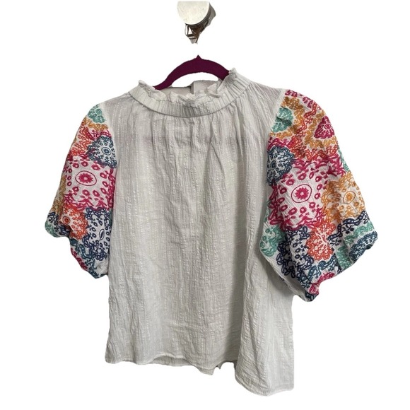 THML Tops - THML White Cotton Embroidered Bright Colors Flowers Ladies S Top Puffy Sleeves